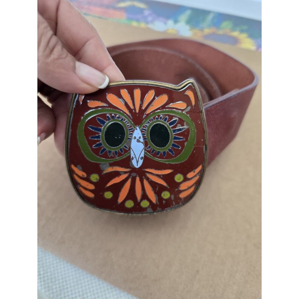 Lucky Brand Leather Belt With Owl Buckle Vintage Size 32" - Picture 2 of 14